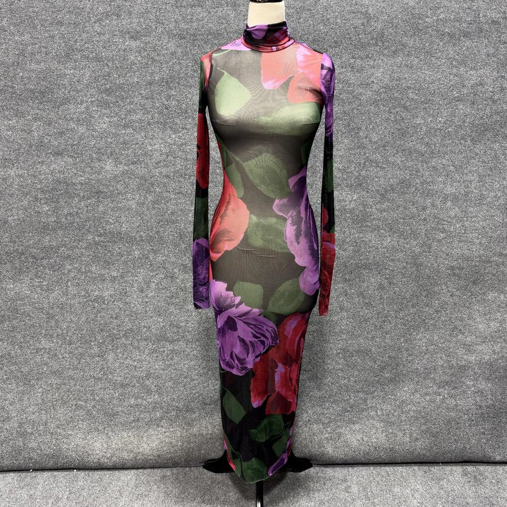 AFRM Dress Womens XS Multicolor Floral Mesh Bodycon Maxi Turtleneck Long Sleeve